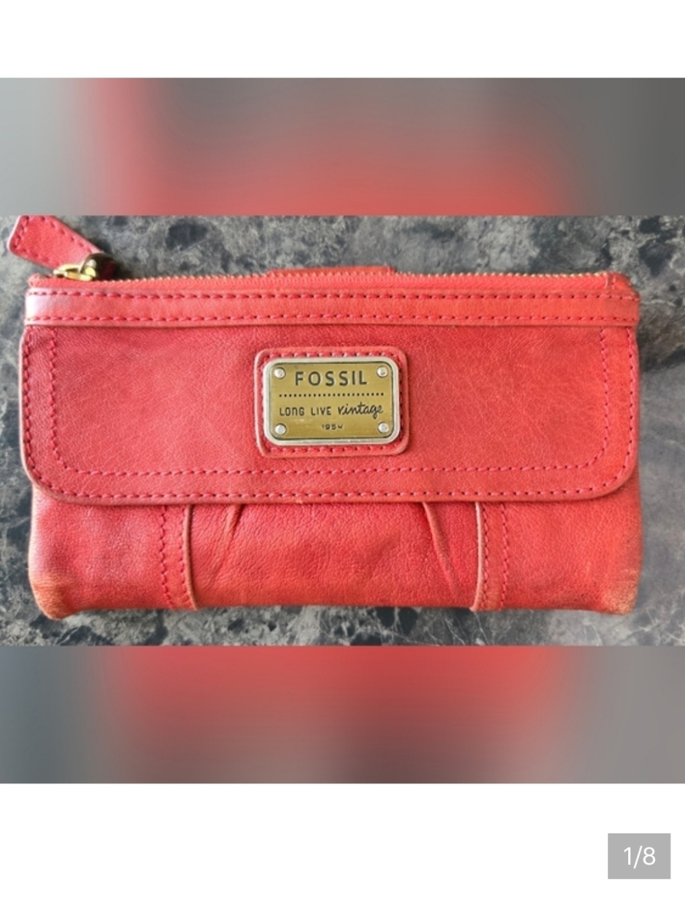 Vintage Fossil Emory Red Lamb Leather wallet clutch, multiple card, pocket.